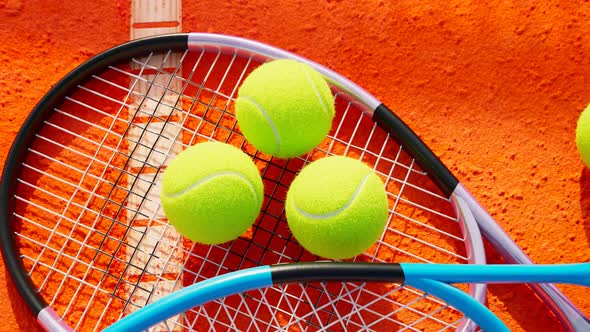 Animation of tennis rackets and ball on the orange tennis court. Render 4K HD alt