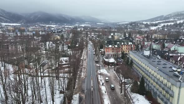 Aerial view of the city of Zakopane in Poland alt