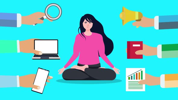 Girl flat character 4K animation in yoga position and men hands moving