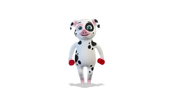 White Pig Jumping With Dumbbells In His Hands on White Background alt