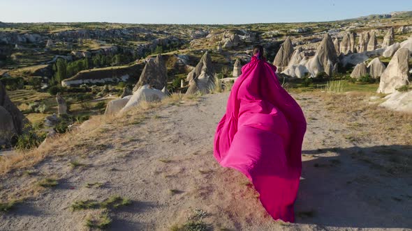 Young Tall Girl Model Runs in a Long Purple Dress with a Tail in the Mountains alt