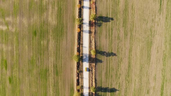 Zoom Aerial View of Autumn Road Car