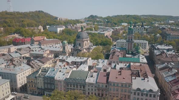 Aerial City Lviv, Ukraine. European City. Popular Areas of the City. Dominican alt