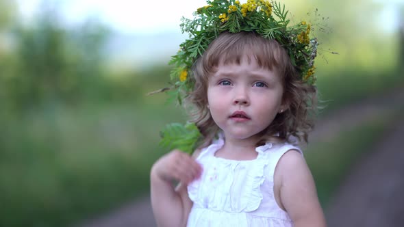 Portrait of a Little Girl in a Wildflowers Wreath on Her Head