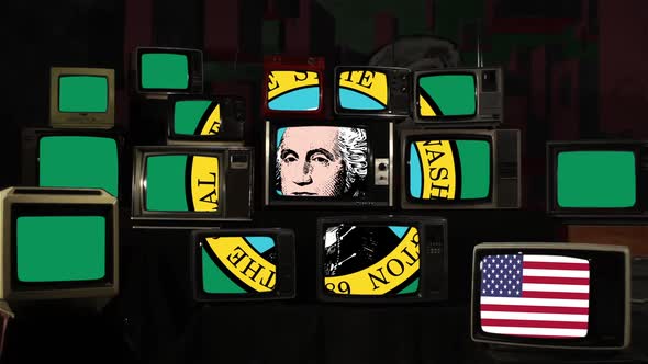 State Flag of Washington and US Flag on Retro TVs. alt