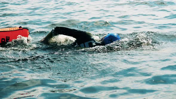 Male Open Water Swimmer Swimming with a Brightly Coloured Buoy Attached To Him alt