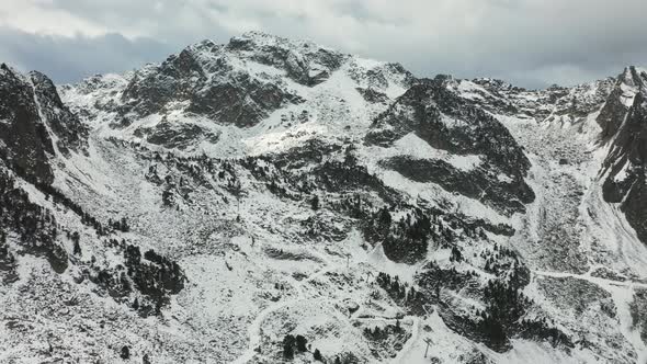 Aerial View of the Valley and Mountains After the First Snow Near the Village of La Mongie. Pyrenees