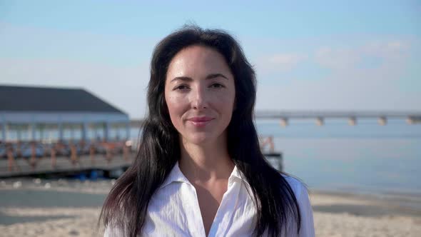 Close Up Portrait of attractiveTatar Blood Woman Smiling Brunette Confident Pretty alt