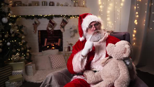 Funny Santa Claus Sitting in His Rocker Year Christmas Tree with Teddy Bear Christmas Spirit