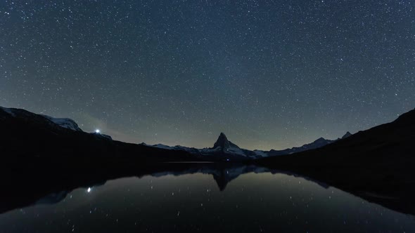 Incredible Night View of Stellisee Lake with Matterhorn Peak in Swiss Alps