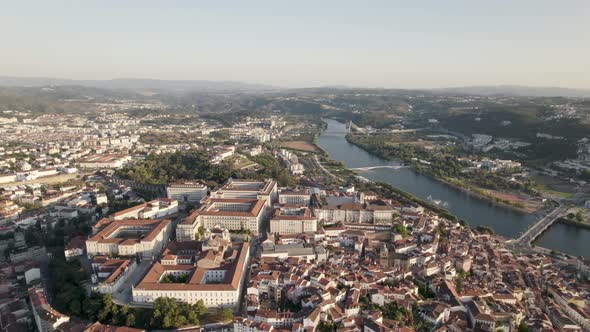 Aerial Panorama view, Coimbra Cityscape with Mondego River Bridges - Portugal alt