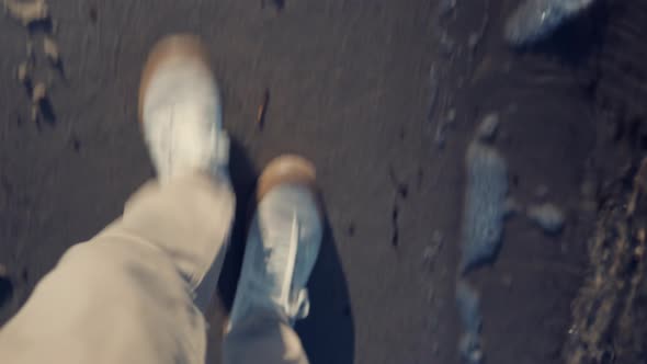 Businessmen In Pants Stroll On City Sands Beach. Man Walking On City Beach. alt