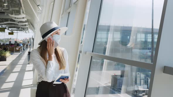Young Woman in a Protective Face Mask Standing in the Airport Hall By the Window alt