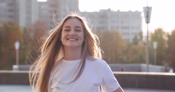 Portrait Happy Young Female Model Student Outdoors with Surprised Face Feels Delight Shocked alt