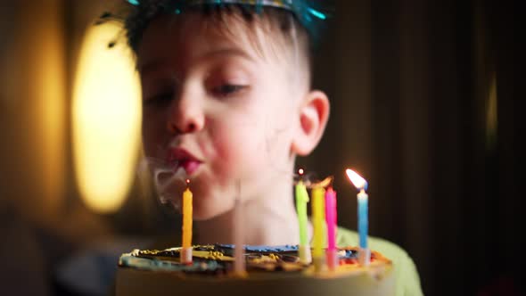 Closeup of Charming Caucasian Little Boy Making Wish and Blowing Candles on Birthday Cake alt