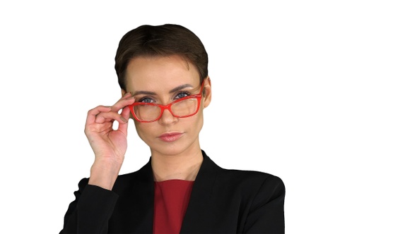 Beautiful woman with short hair in red glasses on white background. alt