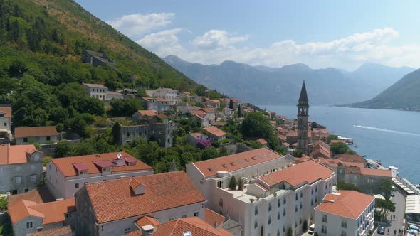 Aerial View of Boka Bay and Old Town Perast in Montenegro