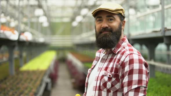 Friendly Farmer Smiling at Camera and Showing Greenhouse, Successful Business