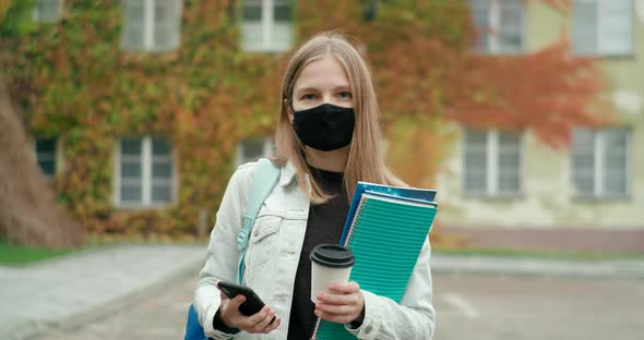 Portrait Happy Student Woman Mask Looking Camera Outdoors Campus