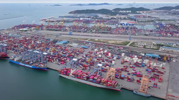 Aerial top view of container logistics shipping in Laem Chabang, Chon Buri, Thailand alt