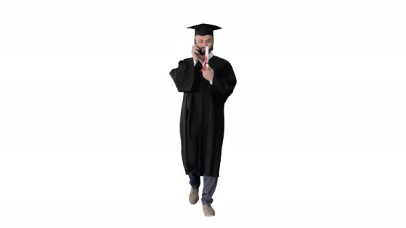 Graduating Student Walking and Making a Call on White Background