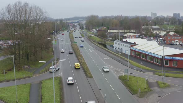 Aerial views of traffic, commuters on the A53 dual carriageway that leads to Etruria road in Hanley alt