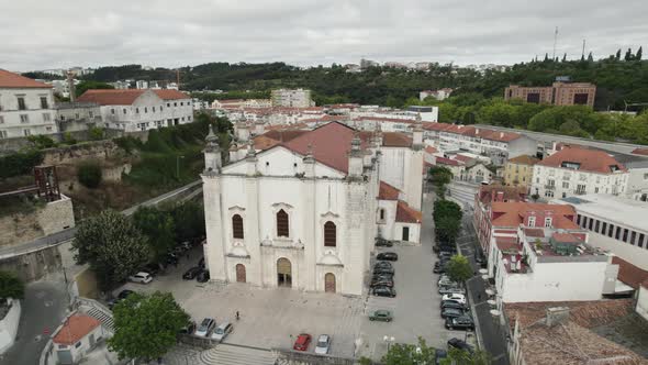 Leiria Cathedral view from above. Catholic church, Half orbit - Portugal