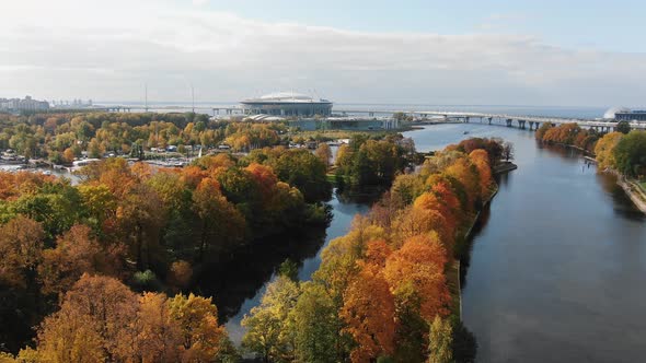 Aerial View of the Autumn Park and the Zenit Arena Sports Stadium in St alt