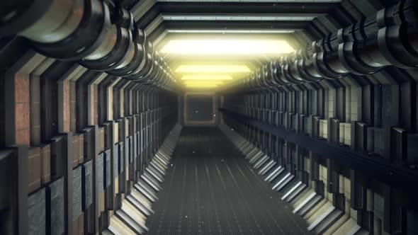 Long straight empty enclosed corridor. Dark industrial hallway in the spacecraft