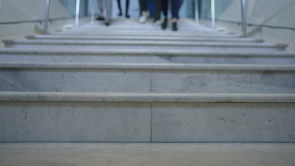 Closeup Stairs in Office with Feet of People Rushing Walking Downstairs alt