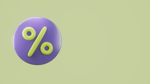 3d rotating purple round icon of percent discount with green background.