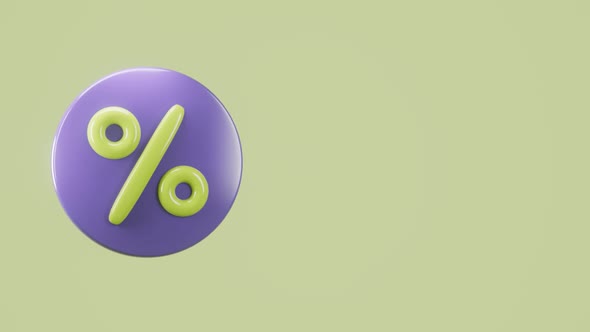 3d rotating purple round icon of percent discount with green background. alt