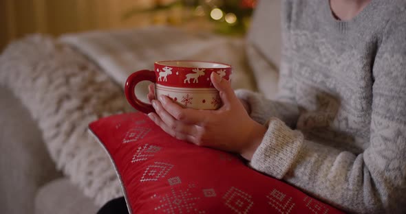 Woman Holding Cup of Coffee in Hands at Christmas alt