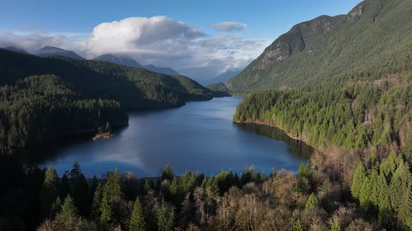 Aerial video of Buntzen Lake in Port Moody BC near Vancouver Canada in the Pacific Northwest in 4K alt