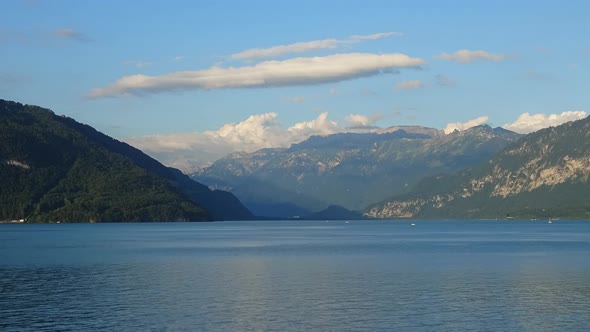 Time lapse view lake Thun and mountains of Swiss Alps in city Spiez
