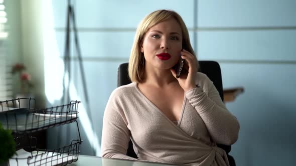 Secretary Woman Is Chatting By Mobile Phone at Office, Sexy Woman at Working Place alt