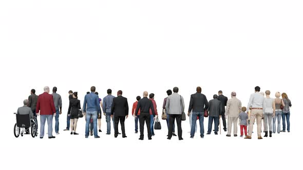 4K alpha channel,back view 3D crowd standing on transparency background alt