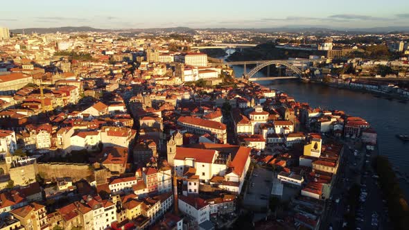 Aerial View of a Hilly Area on the Banks of the Douro River in Porto Portugal