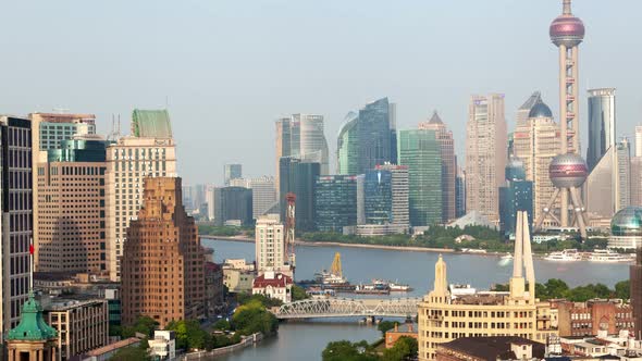Shanghai Wusong River or Suzhou Creek Urban Cityscape Aerial Skyline Panorama Timelapse Zoom Out alt
