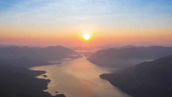 Morning view and sunrise over Bhumibol Dam viewpoint,