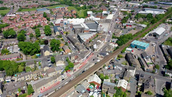 Aerial footage of the British village of Pudsey in Leeds West yorkshire in the UK