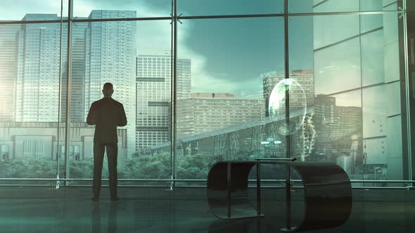 Businessman In Front Of The Window In The Office Of The Future 4K alt