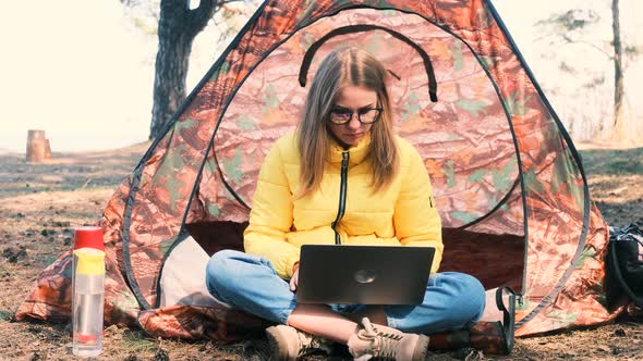 Distance Learning Online Education and Work Happy Woman Girl Working Remotely From Forest Using alt