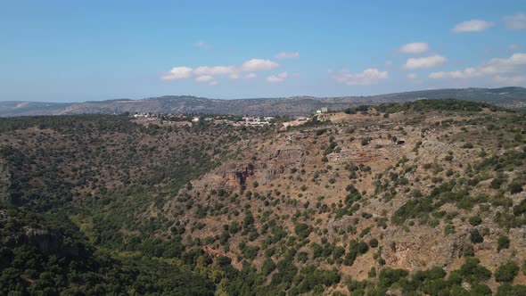 Aerial Shot Of Green Landscape Against Clear Sky Drone Flying On Sunny Day  Galilee Israel