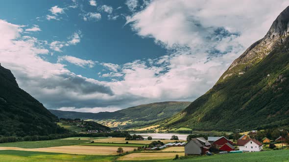Byrkjelo Village, Sogn Og Fjordane County, Norway. Beautiful Sky Above Norwegian Rural Landscape alt