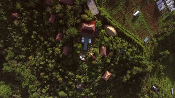 Aerial view above a residential village, Bali island, Indonesia.