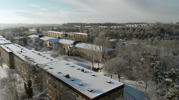 Aerial View Small Town Residential District Apartment Houses Snowy Winter Day