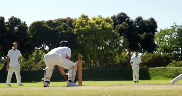 Fielder throwing ball to wicket keeper during cricket match alt
