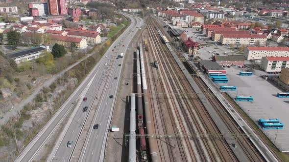 Highway and Railway Tracks in Central Uddevalla Sweden Aerial