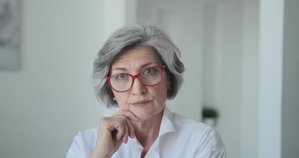 A Confident Intelligent Older Woman Manager Looking Serious Wearing Spectacles Standing in Bright alt